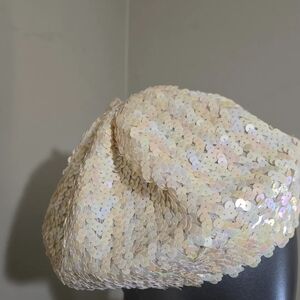 Vintage Sequin Beret in Cream and Gold